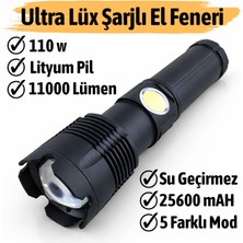 Badem10 Şarjlı Metal El Feneri 25600MAH 110W 11000 Lümen Uzun Süreli Kullanım Güçlü Aydınlatma