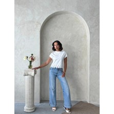 Cemo Kadın Güpür Detaylı Crop Tişört