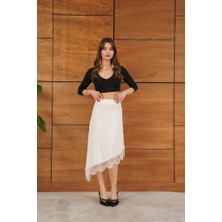 Cemo Kadın Asimetrik Kesim Dantel Detaylı Midi Etek