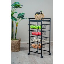 Evle Metal Gövdeli 4 Sepetli Tekerlekli Mutfak Rafı, Patates Soğan Sebzeliği, Siyah Organizer Stand