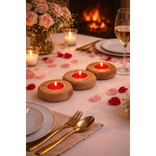 Efholde Ahşap Doğal Dekoratif Yassı Daire Mumluk Şamdan 3' Lü