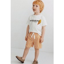 Magu Unisex Çocuk Pamuklu Beyaz Dondurma Baskılı T-Shirt ve Çizgili Şort Takım - Yazlık