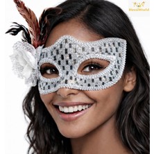 NW NessiWorld Gümüş Renk Tüylü Balo Maskesi Kadın Parti Aksesuarı