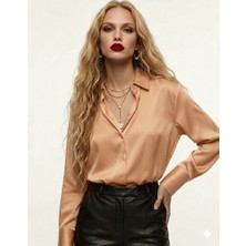 Ribana Classic Kadın V Yaka Uzun Kollu  Sedef Düğmeli Saten Gömlek 3140