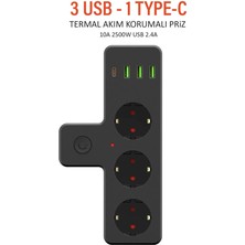 Azurtech USB Type-C Priz Dönüştürücü Şarj Adaptörü Priz-3 Usb-1 Type-C Girişli Çoklu Fiş Priz Çoklayıcı 2500W