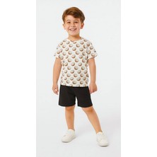 Kaf Kumaş Unisex Çocuk Kahverengi Hindistan Cevizi Baskılı Şortlu Takım
