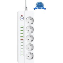 Tuncel Store 3500W Akım Korumalı 5’li Grup Priz: 5x USB + 5x Type-C Çıkışlı (2 Metre)