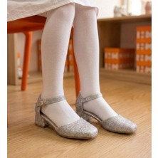 Surpie Shoes Kısa Topuklu Ayakkabı Kız Çocuk İçin Gümüş Simli Kalın Tabanlı Şık Tasarım