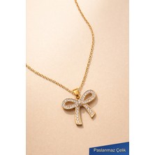 Trend Collection Zirkon Taşlı Fiyonk Figürlü Çelik Kolye – Gold Renk Kadın Kolye