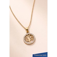 Trend Collection Çelik Hayat Ağacı Kolye Zirkon Taşlı Altın Renk Kadın Kolye