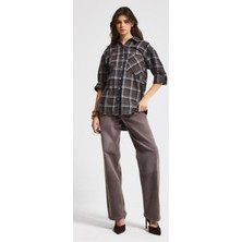 It's Basic Kadın Kahve Ekose S6-23 Oversize Bol Kesim Pamuk Gömlek
