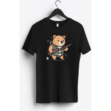 MGAX Avcı Hunter Bear Baskılı Regular Sıfır Yaka %100 Pamuk Unisex Penye T-Shirt