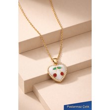 Trend Collection Gold Renk Kiraz Figürlü Kalp Çelik Kolye – Kadın Minimal Şık Kolye