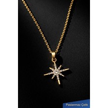 Trend Collection Paslanmaz Çelik Yıldız Kolye, Taş Detaylı Altın Renk Kadın Kolye