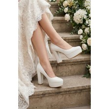 Erkan Saçmacı Lina Beyaz Vegan Yuvarlak Burun Kalın Platform Topuklu Gelin Ayakkabısı