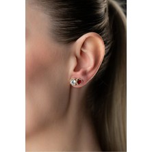 Two Arts Kadın 925 Ayar Gümüş Küpe Kırmızı Beyaz Kalp Küpe | Gümüş Renk