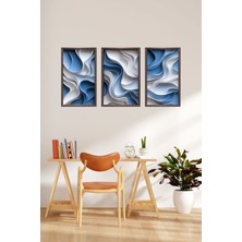 Dijidepo 3 Parçalı Modern Soyut Mavi Dalga Desenli Uv Baskı Folyo Tablo Seti - 3D Görünümlü Duvar Dekoru