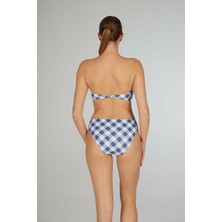 Estiva Kadın Kareli Mavi Tokalı Straplez Bikini Takımı