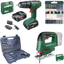 Bosch Easyımpact 18V-40 Akülü Matkap (Çift Akü, 2,0 Ah) + Easysaw Dekupaj Testeresi Aküsüz (Solo) + Karışık Dekupaj Testere Seti 10 Lu + V-Line 103 Parça Karışık Aksesuar Seti