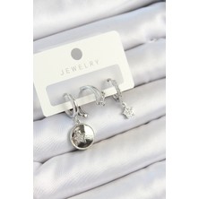 Solenya Pirinç Zirkon Taşlı Sallantılı Yıldız Model Gümüş Renk 3'lü Çift Kadın Küpe Set