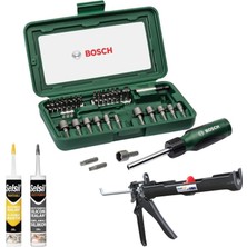 Bosch 46 Parça Cırcır Tornavidalı Vidalama ve Lokma Uçlu Seti + Metal Klasik Silikon Tabancası + Silikon 280GR Şeffaf + Mastik 500GR Beyaz