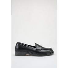 Siyah Kalın Taban 3 cm Topuklu Klasik Loafer Rahat Günlük Şık Kadın Ayakkabı