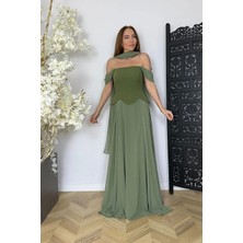 G1746 Tasarım Maksi Şifon Abiye Elbise Haki