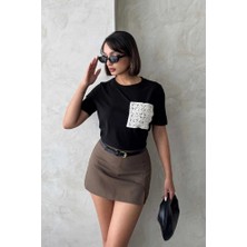 Cemo Kadın Cep Detaylı Dantel Aplikeli Basic T-Shirt