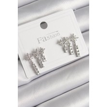 Pirinç Gümüş Renk Zirkon Taşlı 3'lü Sallantı Yıldız Model Kadın Küpe