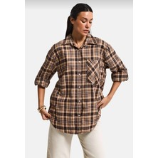 It's Basic Kadın Kahve Ekose S6-10 Oversize Bol Kesim Pamuk Gömlek