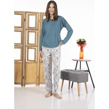 Estiva 24119 Kadın Yaprak Desenli Uzun Kollu Yazlık Viskon Pijama Takımı