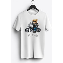 MGAX Motosiklet Sevimli Ayı En Route Baskılı Regular Sıfır Yaka %100 Pamuk Unisex Penye T-Shirt