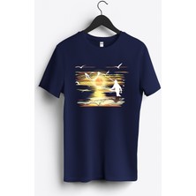 MGAX Balıkçı Gün Batımı Baskılı Regular Sıfır Yaka %100 Pamuk Unisex Penye T-Shirt