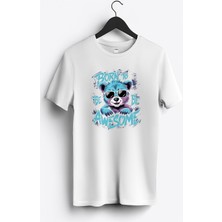 MGAX Sevimli Ayı Born To Be Awesome Baskılı Regular Sıfır Yaka %100 Pamuk Unisex Penye T-Shirt