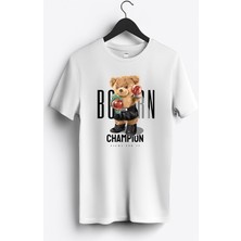 MGAX Sevimli Ayı Doğuştan Şampiyon Baskılı Regular Sıfır Yaka %100 Pamuk Unisex Penye T-Shirt