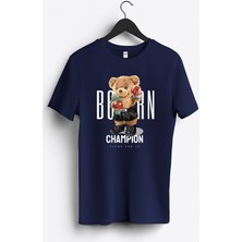 MGAX Sevimli Ayı Doğuştan Şampiyon Baskılı Regular Sıfır Yaka %100 Pamuk Unisex Penye T-Shirt