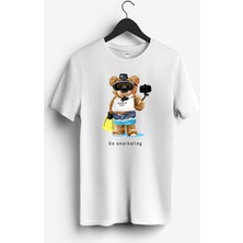 MGAX Sevimli Ayı Dalgıç Şnorkelle Dalmaya Baskılı Regular Sıfır Yaka %100 Pamuk Unisex Penye T-Shirt