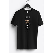 MGAX Motosiklet Sevimli Ayı Live To Ride Baskılı Regular Sıfır Yaka %100 Pamuk Unisex Penye T-Shirt