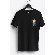 MGAX Balıkçı Balığa Giden Sevimli Ayı Arma Baskılı Regular Sıfır Yaka %100 Pamuk Unisex Penye T-Shirt