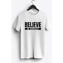 MGAX Believe In Yourself Baskılı Regular Sıfır Yaka %100 Pamuk Unisex Penye T-Shirt
