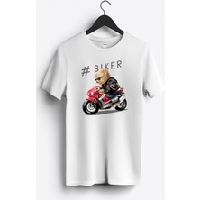 MGAX Motosiklet Sevimli Ayı Biker Baskılı Regular Sıfır Yaka %100 Pamuk Unisex Penye T-Shirt