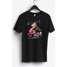 MGAX Motosiklet Sevimli Ayı Biker Baskılı Regular Sıfır Yaka %100 Pamuk Unisex Penye T-Shirt