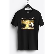 MGAX Balıkçı Gün Batımı Baskılı Regular Sıfır Yaka %100 Pamuk Unisex Penye T-Shirt