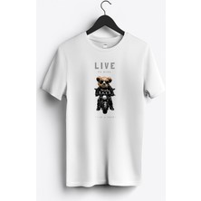 MGAX Motosiklet Sevimli Ayı Live To Ride Baskılı Regular Sıfır Yaka %100 Pamuk Unisex Penye T-Shirt