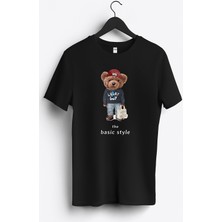 MGAX Sevimli Ayı Şanslı Adam Baskılı Regular Sıfır Yaka %100 Pamuk Unisex Penye T-Shirt