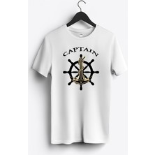 MGAX Denizci Captain Baskılı Regular Sıfır Yaka %100 Pamuk Unisex Penye T-Shirt