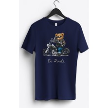 MGAX Motosiklet Sevimli Ayı En Route Baskılı Regular Sıfır Yaka %100 Pamuk Unisex Penye T-Shirt