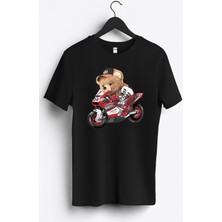 MGAX Motosiklet Sevimli Ayı Motor Canavarı Baskılı Regular Sıfır Yaka %100 Pamuk Unisex Penye T-Shirt