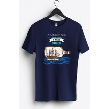 MGAX Denizci Şişedeki Yelkenli Baskılı Regular Sıfır Yaka %100 Pamuk Unisex Penye T-Shirt