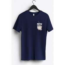 MGAX Balıkçı Kedi Meow Arma Baskılı Regular Sıfır Yaka %100 Pamuk Unisex Penye T-Shirt